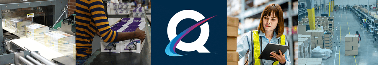 Collage showing different process in warehouses with Qualfon logo in centre